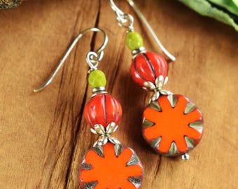 Orange Flower Czech Glass Boho Silver Pewter Drop Earrings: Red Orange Melon Beads