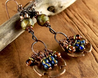 Aged Bronze Dangle Earrings, Hippie, Boho, Gypsy, Blue, Red, Green, Tribal Earrings
