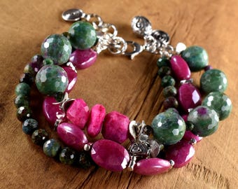 Pink Moonstone Multi-Strand Sterling Silver Boho Bracelet: Faceted Ruby Fuchsite Rounds