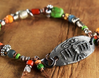 Bird Bracelet, Colorful, Inviciti, African Trade Beads, Green, Artisan Pewter, Tribal Jewelry