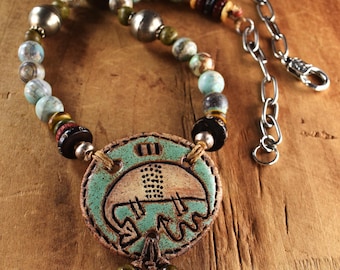 Petroglyph Ceramic Artisan Pendant Primitive Tribal Necklace: Dragon Skin Jasper Beads