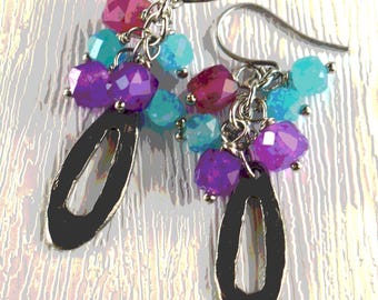 Gemstone Cluster Beaded Drop Earrings: Rose Blue Purple