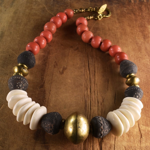 African Tribal Necklace, Red Prosser, Djenne Clay Beads, Brass, Bone, Tribal Jewelry