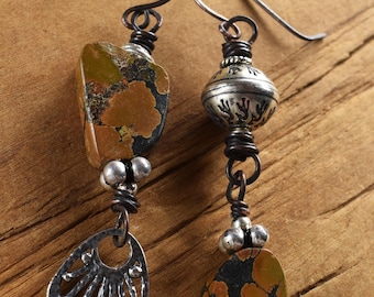 Yellow Turquoise Asymmetrical Sterling Silver Boho Tribal Earrings: Rare Stones Southwestern Design