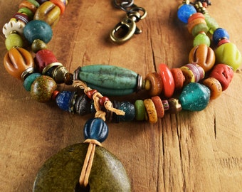 Mykonos Ceramic Tribal Style Beaded Pendant Necklace: Colorful Ethnic Primitive Jewelry