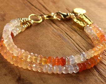 Fire Opal Faceted Mexican Orange Boho Two Strand Bracelet: Gold Vermeil Filled