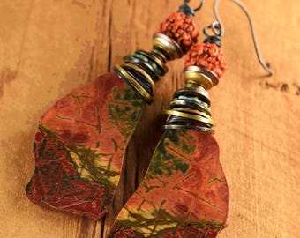Creek Jasper Earrings, Matched Stones, Rudhraska Nut, Red, Olive Green, Orange, Tribal Jewelry