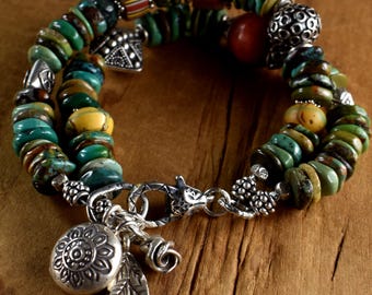 Blue Turquoise Sterling Silver Hill Tribe Boho Two Strand Bracelet: Vintage Venetian Glass Beads