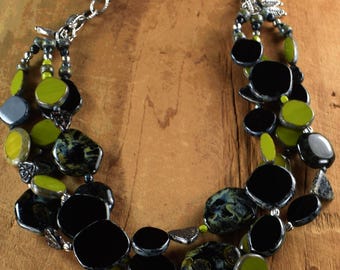 Multi-Strand Avocado Black Czech Glass Boho Necklace: Antiqued Silver Pewter