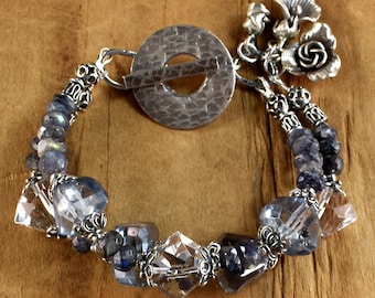 Faceted Quartz Labradorite Multi-Strand Sterling Silver Boho Bracelet: Crystal Quartz Iolite Blue