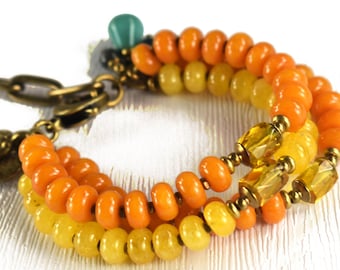 Sunny Yellow Orange Jade Citrine Three Strand Boho Bracelet: Antique Brass Turquoise
