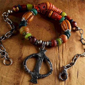 Phi Pewter Pendant Necklace, Krobo, Java, Red, Orange, Lime Green, African Trade, Tribal Jewelry