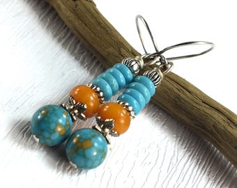 Turquoise Howlite Blue Yellow Matrix. Southwest Jade Pewter Earrings: Kaleidoscope Collection