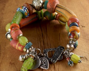 African Krobo Indonesian Glass Multi-Strand Beaded Bracelet: Vintage Ethiopian Tribal Silver