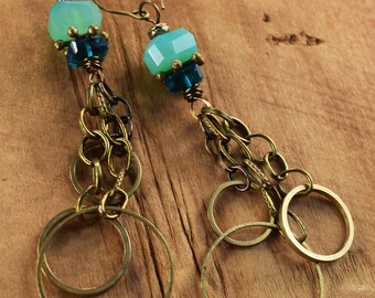 Extra Long Brass Dangle Green Chalcedony Boho Hoop Earrings: Faceted Teal Gemstone Quartz