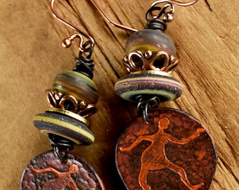 Cave Drawing Earrings, Inviciti, Artisan Lampwork Glass, Red, Green, Earth Tones, Primitive Jewelry
