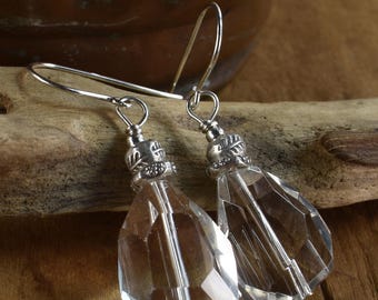 Faceted Crystal Quartz Hill Tribe Silver Boho Dangle Earrings: Freeform Gemstone Design