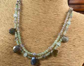 Labradorite Green Chalcedony Sterling Silver Two Strand Boho Necklace: Trapezoid Pendants