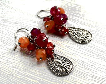 Cluster Faceted Jade Beaded Teardrop Earrings: Rose Orange Ruby Red