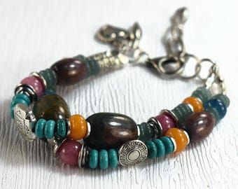 Chunky Agate Jade Pewter Boho Style Totem Two Strand Bracelet: Blue Orange Pink