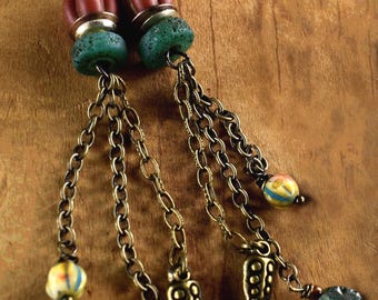 Roman Glass Boho Tribal Brass Dangle Earrings: Indonesian Aged Melon Beads
