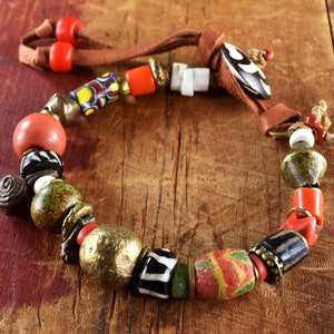 African Trade Bead Bracelet, Tribal Bracelet, Vintage Venetian Beads, Red, Batik, Baule Brass, African Jewelry