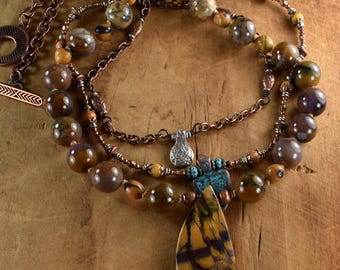 Artistic Jasper Marquise Pendant Copper Multi-Strand Necklace: Yellow Crazy Lace Agate