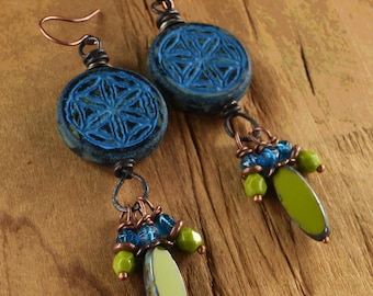 Blue Green Czech Glass Long Boho Dangle Earrings: Hex Star Flower of Life