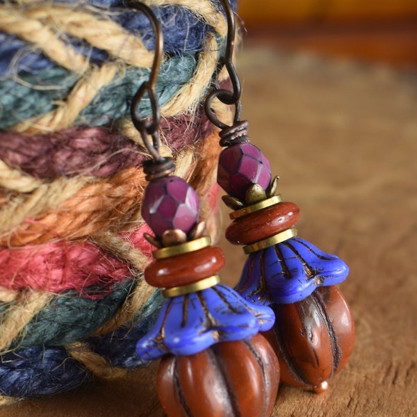 Indigo Flower Drop Earrings, Red Brown, Fuchsia, Melon, Czech Glass, Boho Hippie