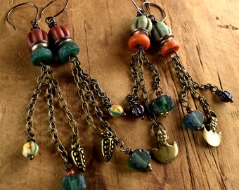 One Pair, Long Tribal Dangle Earrings, Exotic, Roman Glass, Green, Sienna, Indonesian Beads, Boho Tribal Jewelry