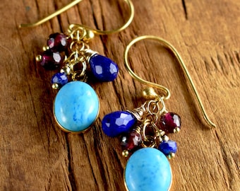 Blue Turquoise Earrings, Lapis Lazuli, Garnet, Gold Filled, Boho Style, Feminine