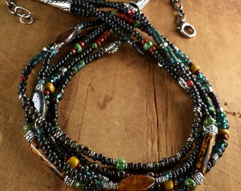 Multi-Strand Czech Glass Boho Necklace: Tribal Pewter Jewelry