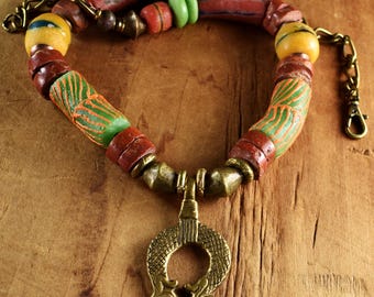 Brass Bird Reptile African Tribal Pendant Necklace: Krobo Java Glass Yellow Red Green