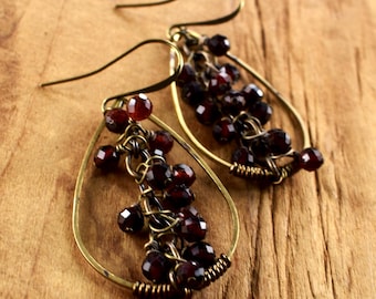 Faceted Garnet Cascade Brass Teardrop Boho Dangle Earrings: Rustic Wire Wrapped