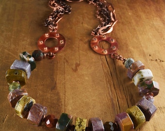 Ocean Jasper Artisan Copper Chunky Boho Necklace: Natural Earth Tone Gemstones