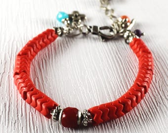 Red Howlite Jade Boho Style Pewter Beaded Bracelet: Interlocking Snake Beads