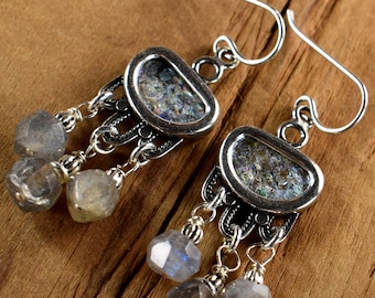 Labradorite Roman Glass Sterling Silver Boho Chandelier Earrings: Faceted Gray Gemstones