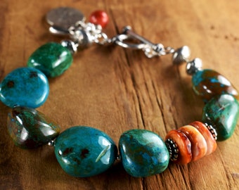 Chrysocolla Bracelet, Sterling Silver, Spiney Oyster, Chunky, Blue, Green, Orange, Tribal Jewelry