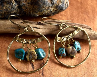 Blue Chrysocolla Rustic Hoop Chandelier Earrings: Western Style Artisan Bronze