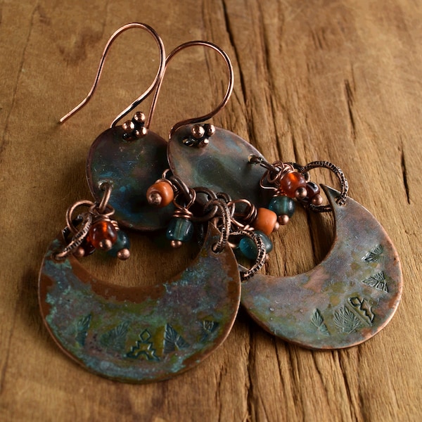 Copper Tribal Earrings, Rustic, Orange, Blue, Green Patina, Primitive Jewelry