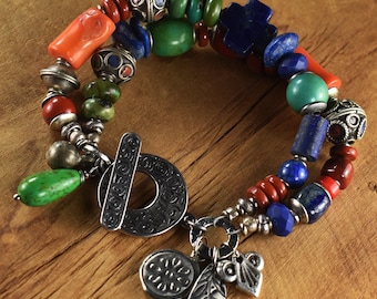 Mixed Stone Beaded Bracelet, Two Strand, Moroccan, Orange, Green, Red, Blue, Pewter, Tribal Jewelry