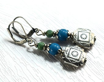Turquoise Howlite Blue Southwest Concho Cross Pewter Earrings: Kaleidoscope Collection