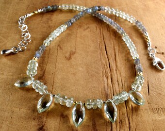 Green Amethyst Gray Labradorite Marquise Boho Necklace: Sterling Silver Gold Vermeil