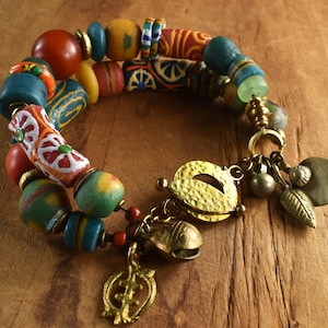 African Krobo Bracelet, Trade Bead, Two Strand, Yellow, Orange, Green, Red, Brass, African Jewelry