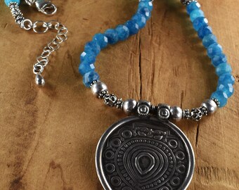 Repoussé Silver Pendant Amazonite Boho Sterling Necklace: Faceted Blue Apatite Gemstone Rondelles
