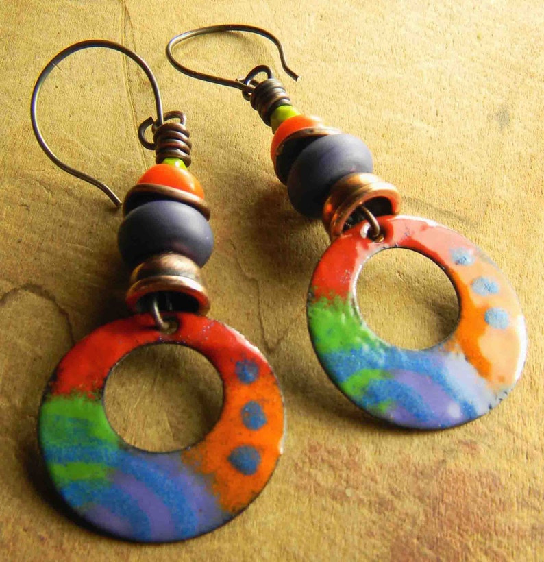 Wild Gogo Earrings Copper Enamel Hoops Orange Red Green Purple Etsy
