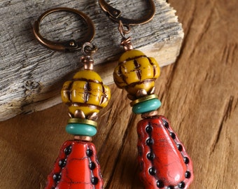 Red Horseshoe Drop Earrings, Yellow, Czech Glass, Boho Hippie, Colorful Jewelry