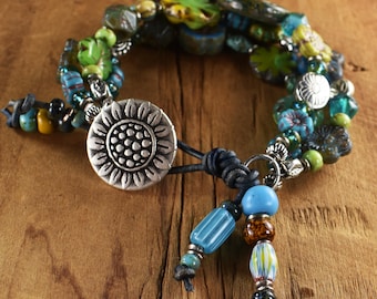 Czech Glass Flower Leaf Multi-Strand Boho Bracelet: Sunflower Button Leather Clasp