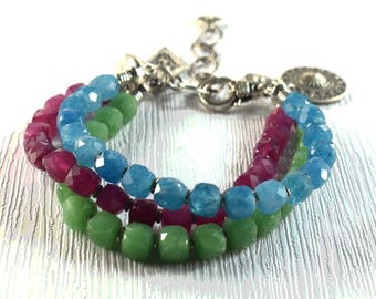 Green Jadeite Faceted Jade Cube Pewter Boho Three Strand Bracelet: Kaleidoscope Fuchsia Blue