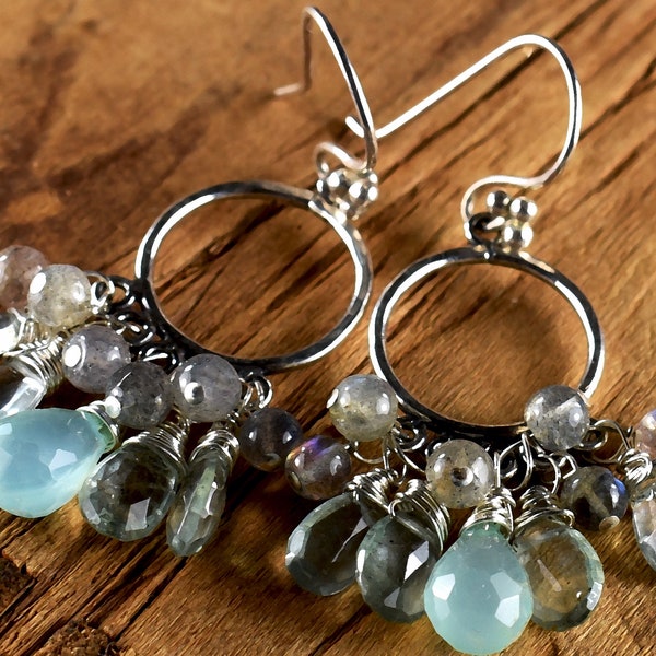 Gemstone Beaded Chandelier Earrings, Sterling Silver, Chaldedony, Aquamarine, Tribal Jewelry